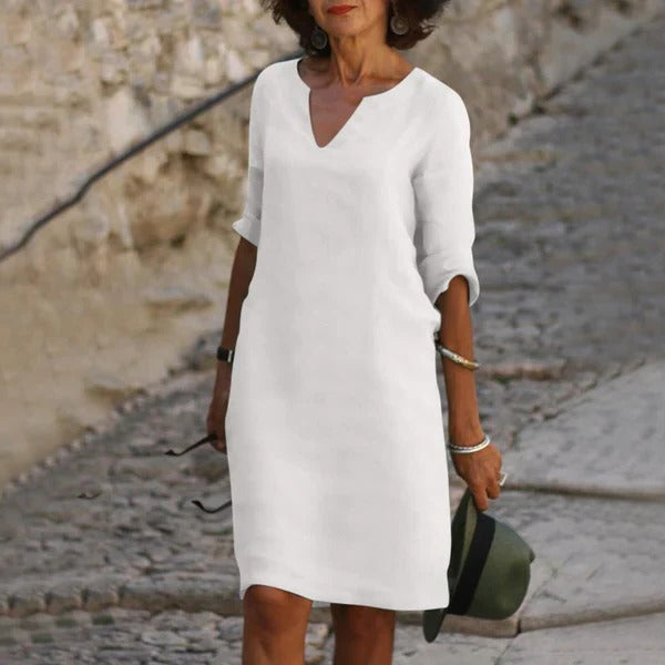 Chic V-Neck Dress with Three-Quarter Sleeves