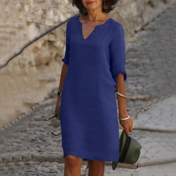 Chic V-Neck Dress with Three-Quarter Sleeves