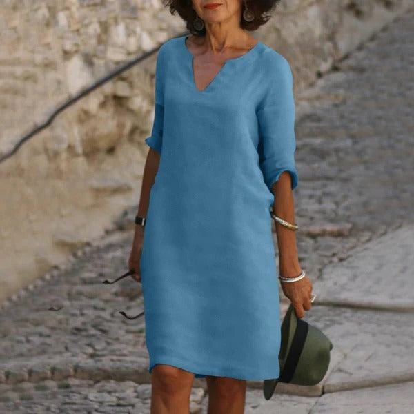 Chic V-Neck Dress with Three-Quarter Sleeves