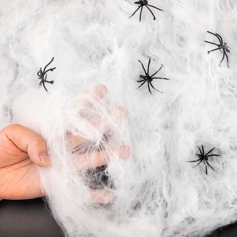 200 Sqft Stretchable Spooky Webs with Creepy Spider Accents