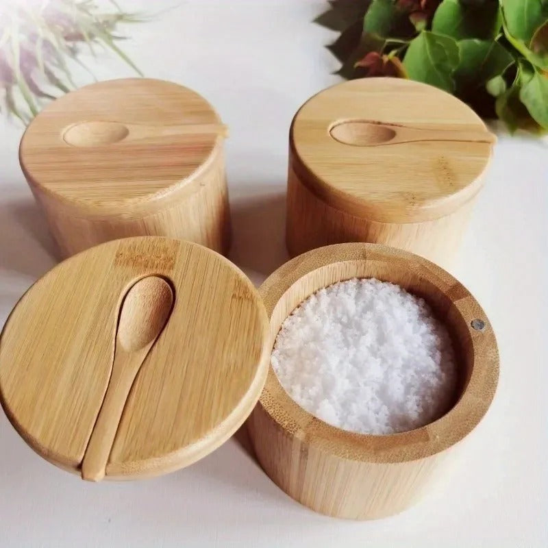 Bamboo Condiment Storage Container with Lid and Spoon