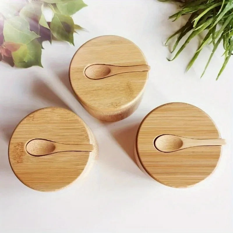 Bamboo Condiment Storage Container with Lid and Spoon
