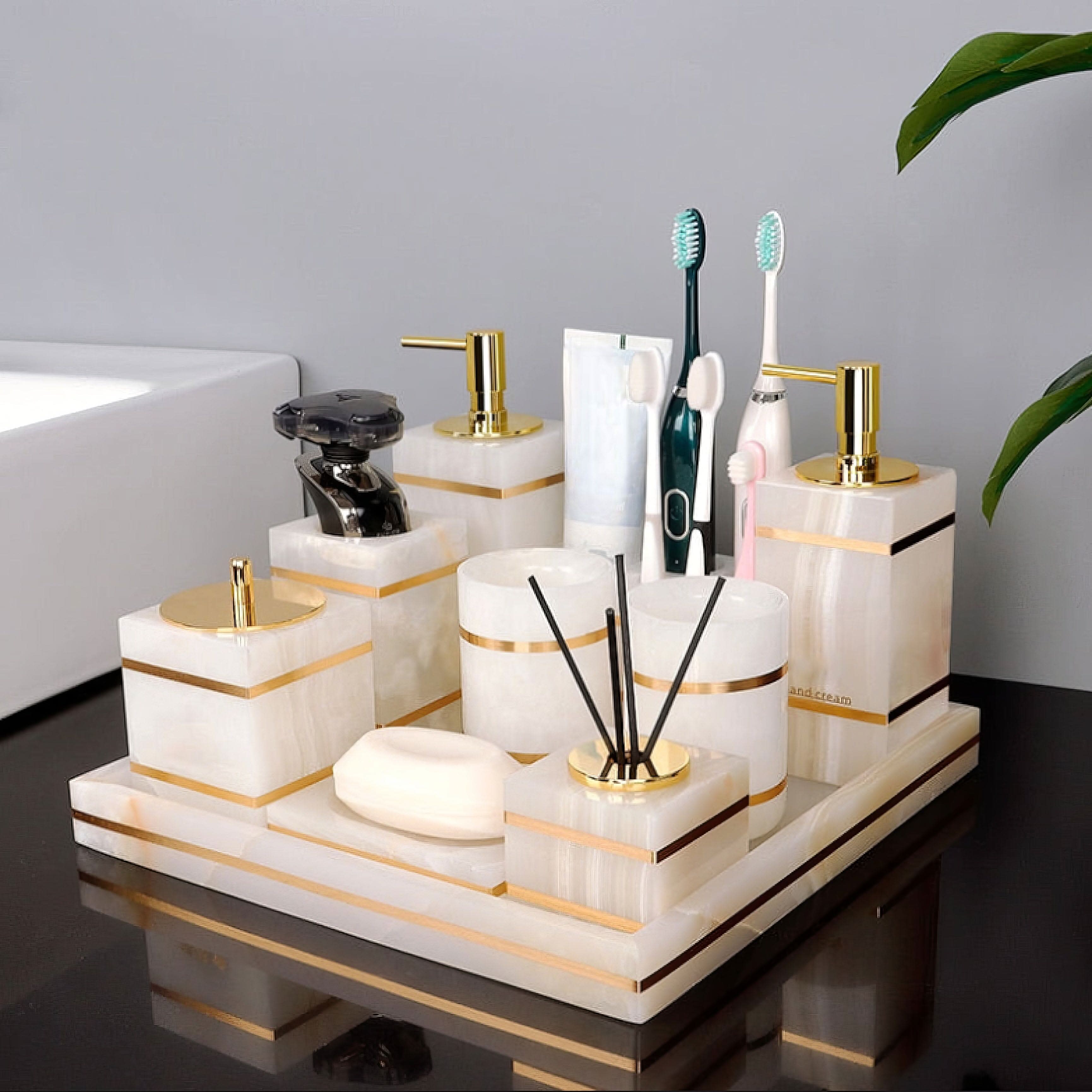 Sleek Marble-Inspired Cup with Elegant Gold Trim for Bathrooms