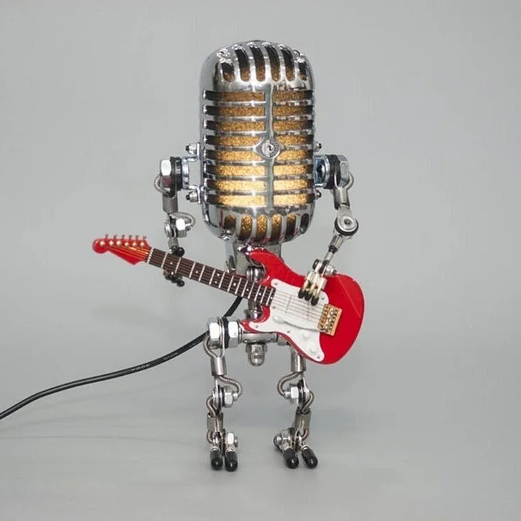 Retro-Inspired Microphone Robot Lamp with Guitar Accent