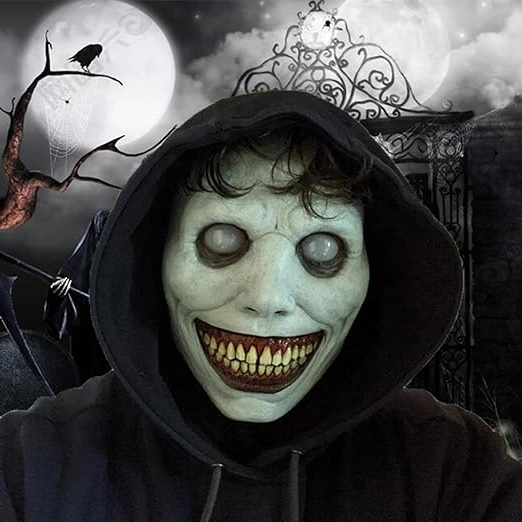 Chilling Grinning Demon Mask - Eerie White-Eyed Horror Face