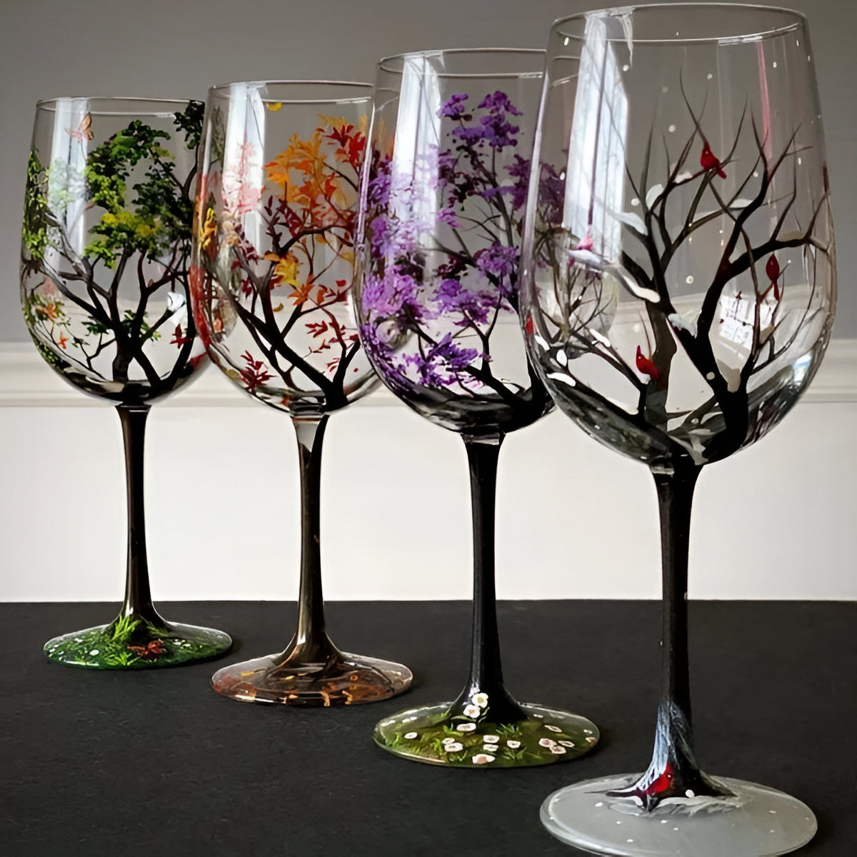 Seasonal Elegance Hand-Painted Wine Glass Set