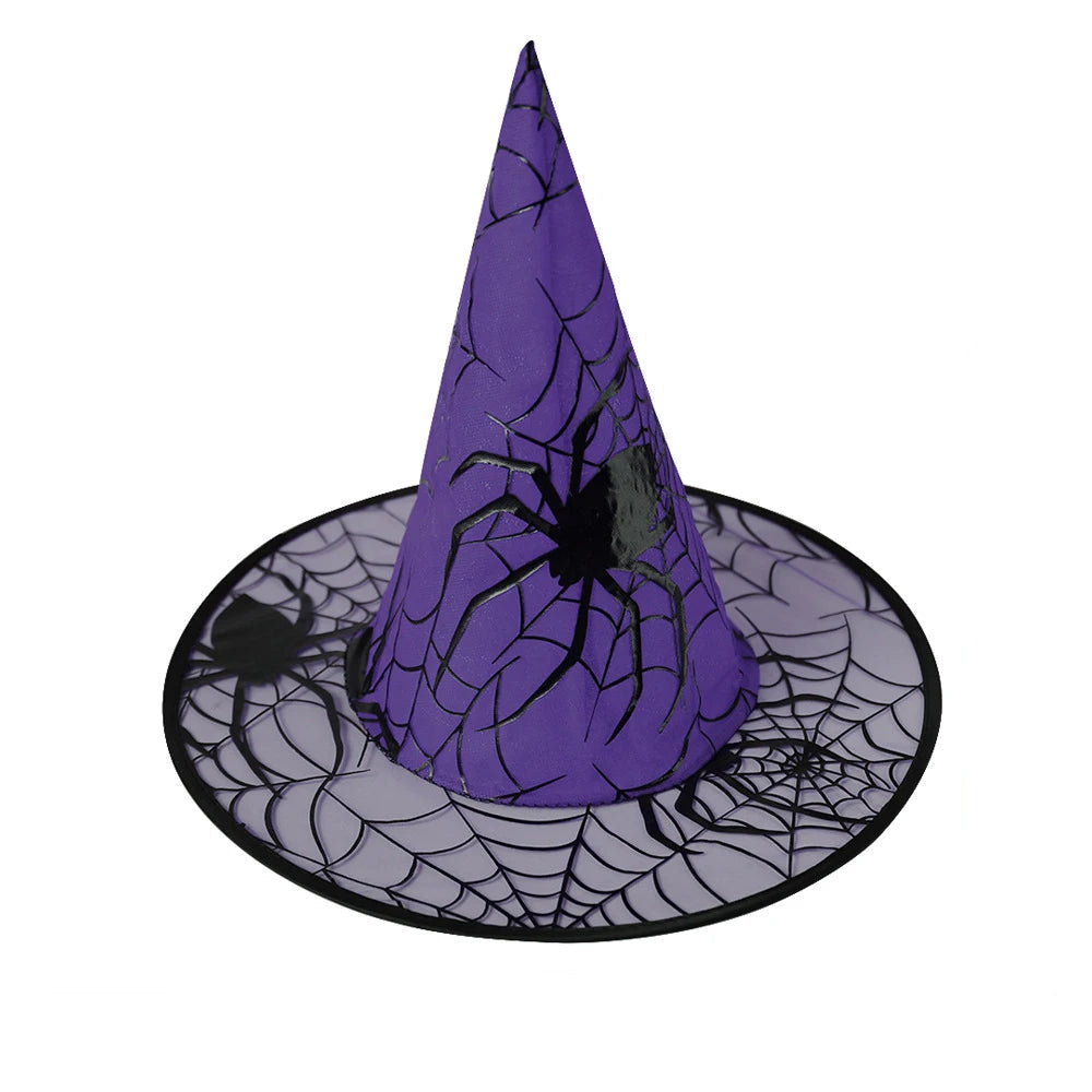 Vibrant Witch Hat with Spider Web Design for Halloween
