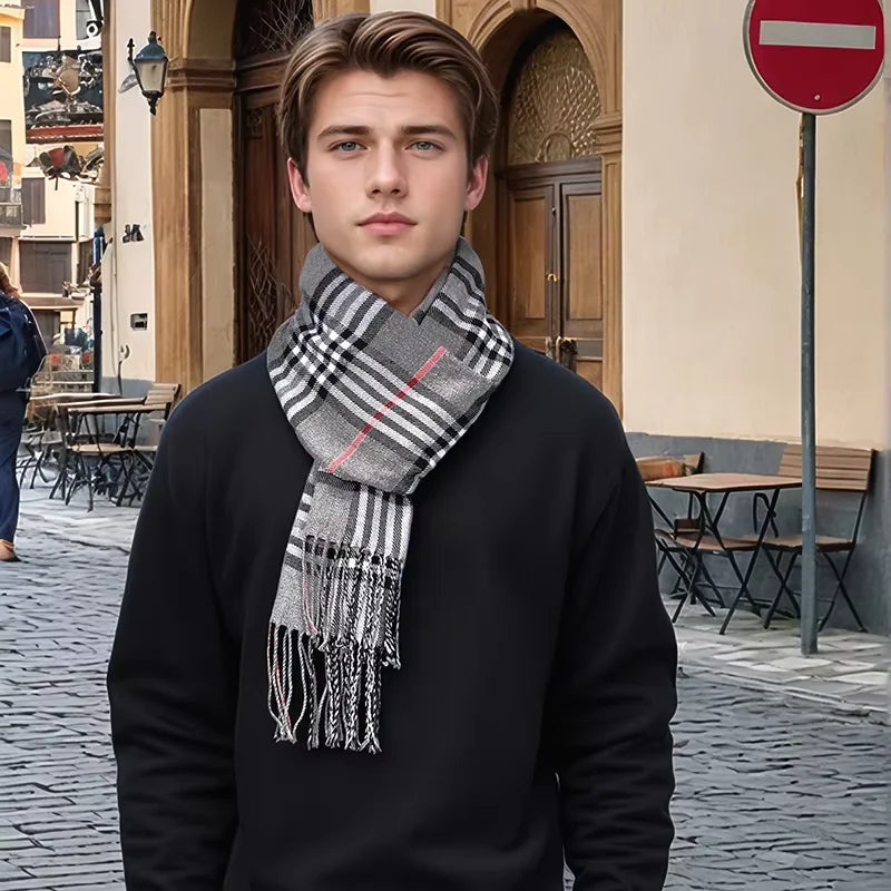 Elegant Plaid Cashmere Blend Winter Scarf for Men