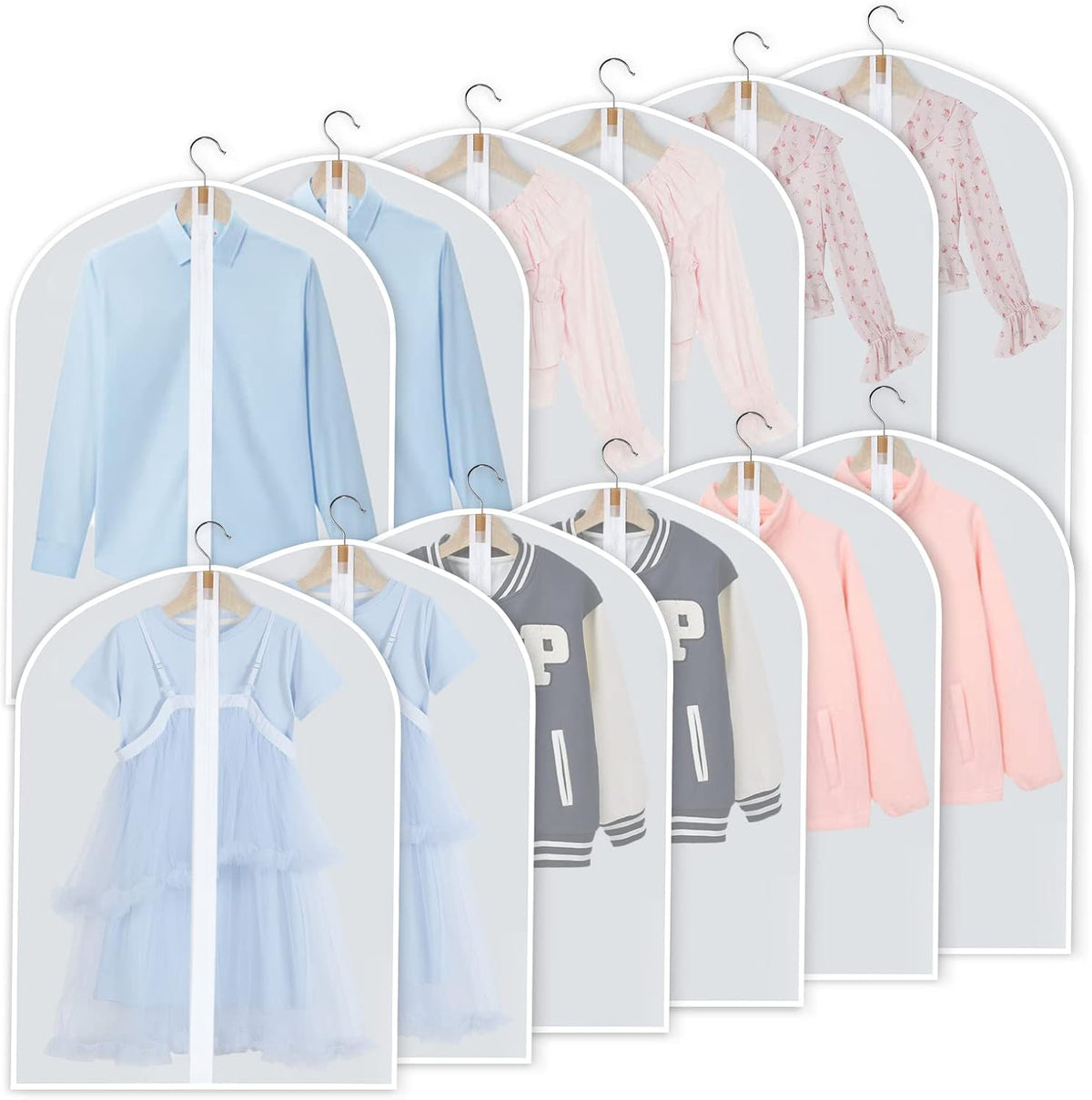 Set of 12 Hanging Garment Covers in 3 Sizes – PEVA Storage Bags
